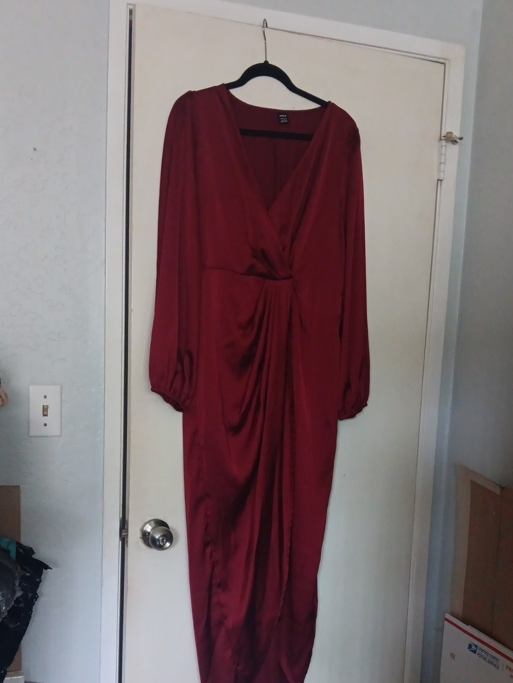 Wine Red Satin Wrap-Style Long Sleeve Dress Open In Front. Wore Once